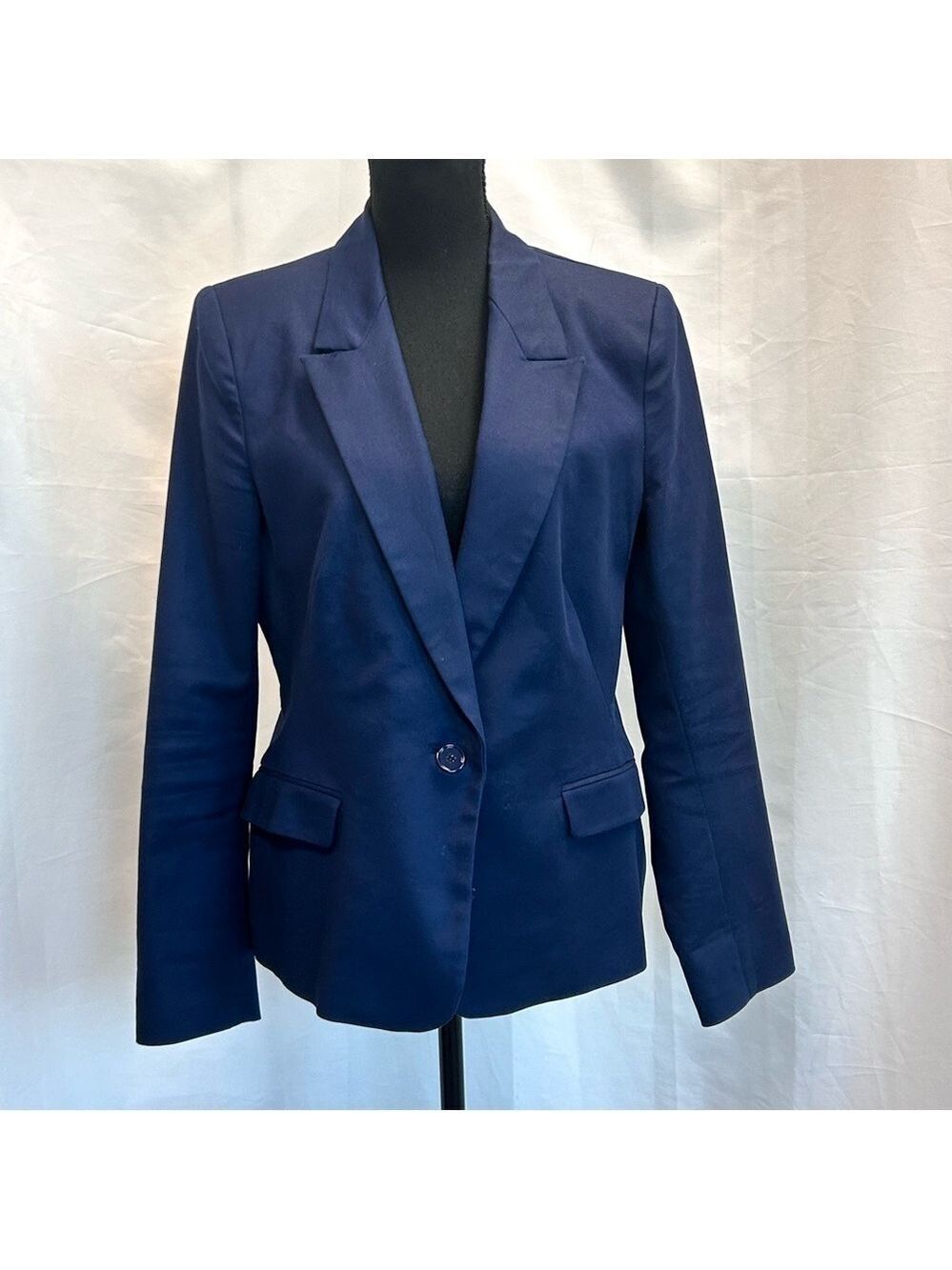 Zara navy blue single breasted tailored fitted blazer jacket Sz XL preppy classy